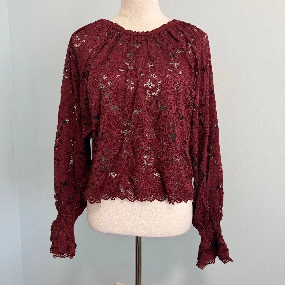 Free‎ People Olivia Sheer Wine Lace Oversized Blouse Size XS